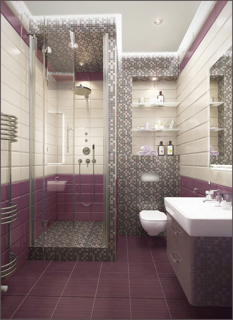Eller gör en kakellayout i badrummet i en enda färg, men skapa   ljusa accent   på en av väggarna (i form av en remsa av kontrastfärg eller en ljus panel)
